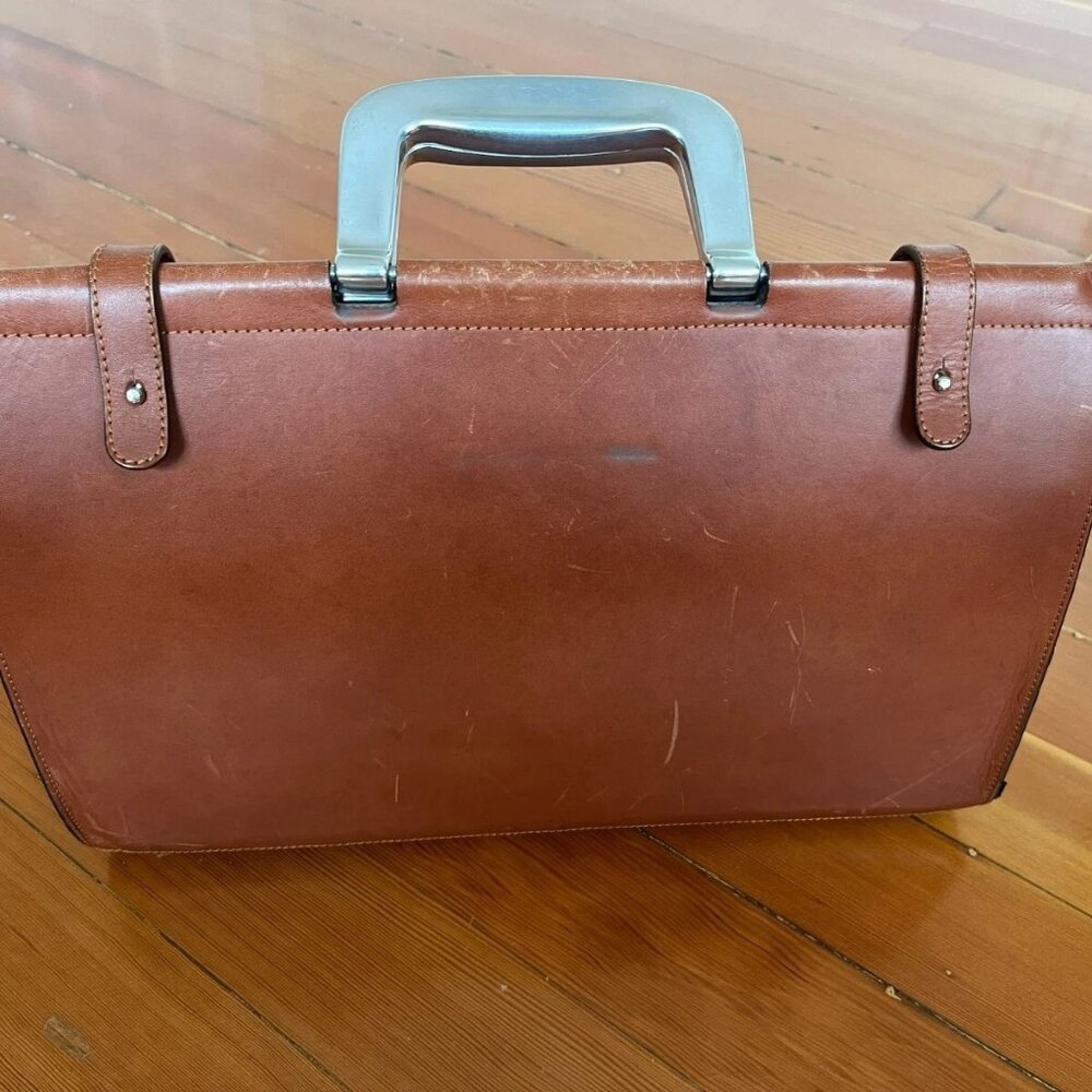 Bill Amberg Rocket Briefcase in Tan with British Green Liner and Metal Handle